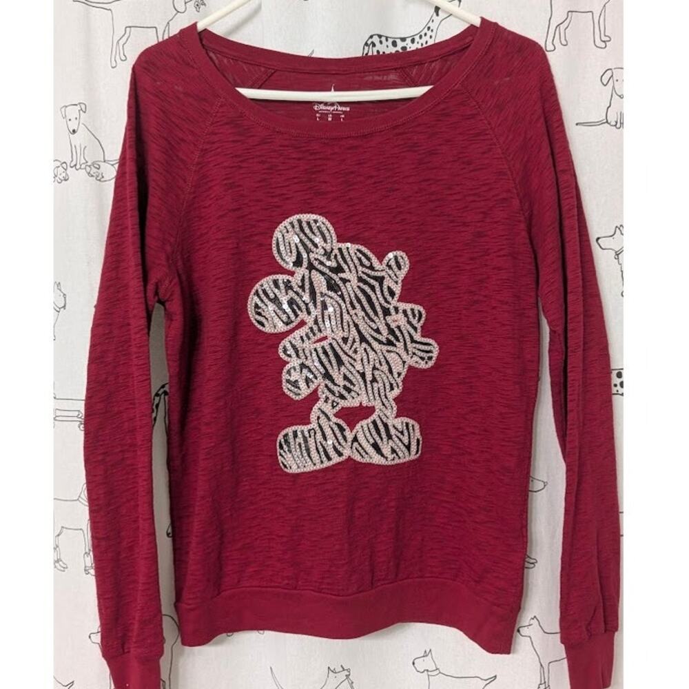 Disney Parks Mickey Mouse Sequin Long Sleeve Top Womens Medium Maroon Theme Park